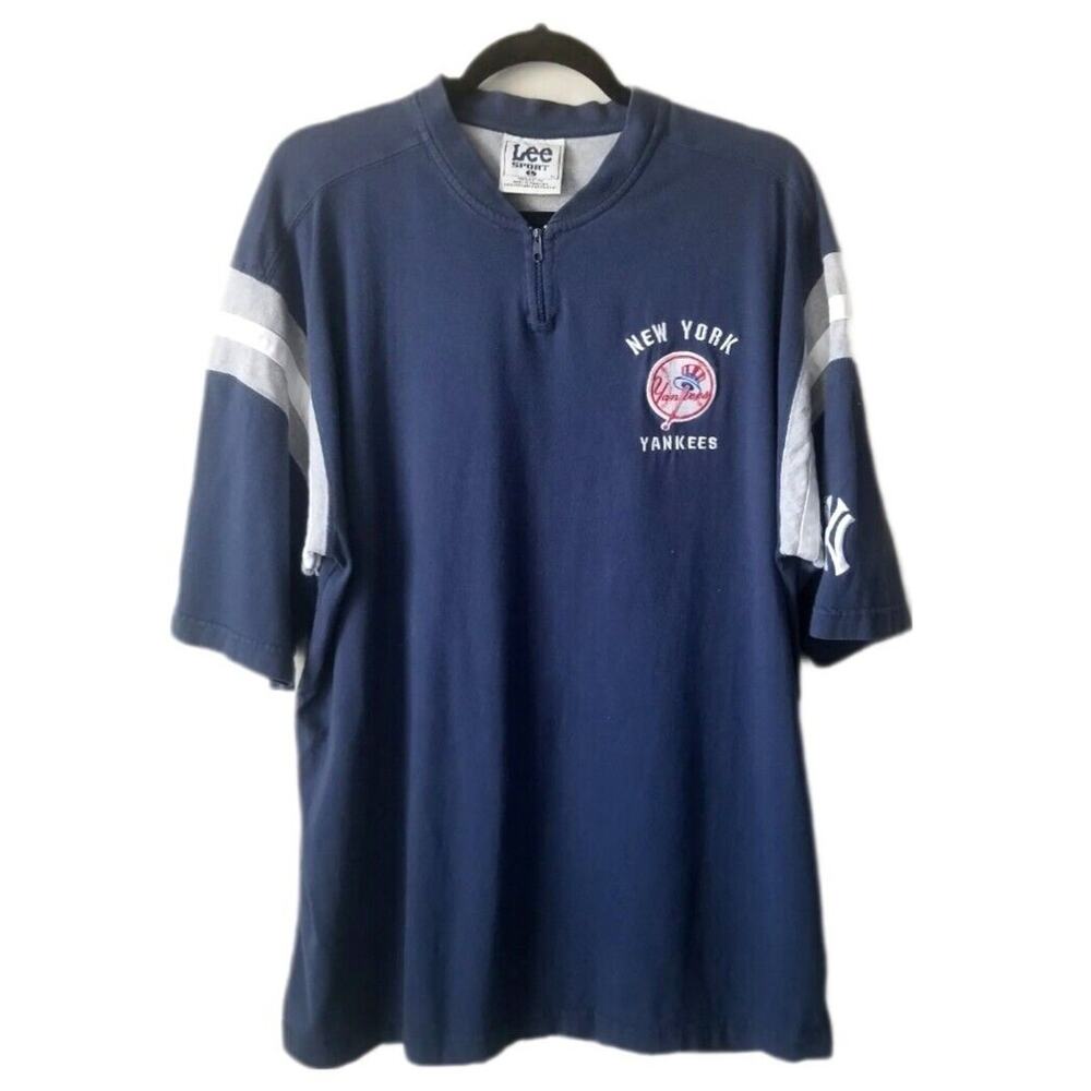 New York Yankees Lee Sport Tee Shirt L Blue Logo Zip Neck Ringer VTG Y2K NYY